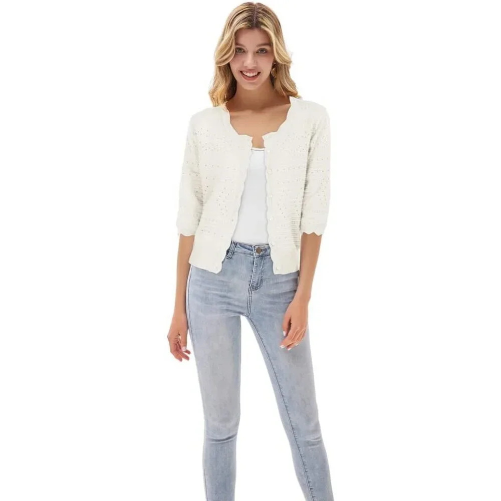 ❤️GRACE White KARIN Cardigan for Women Short Sleeve Cropped Knit Cardigan - Picture 8 of 8